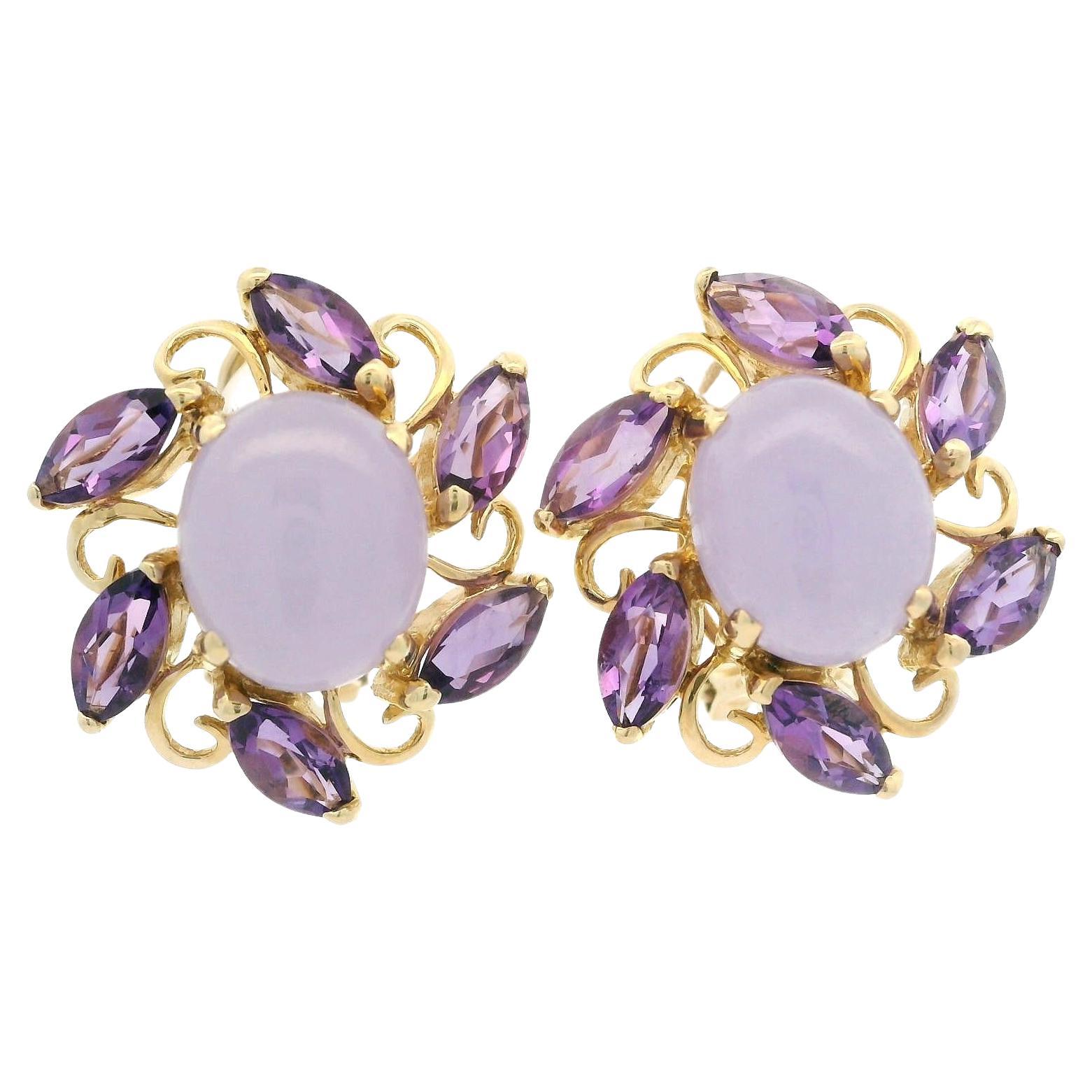 Elegant 14k Yellow Gold Lavender Jade w/ Marquise Amethyst Halo Earrings For Sale