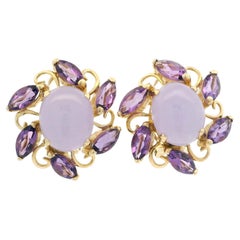 Élégantes boucles d'oreilles en or jaune 14 carats avec jade lavande et améthyste marquise