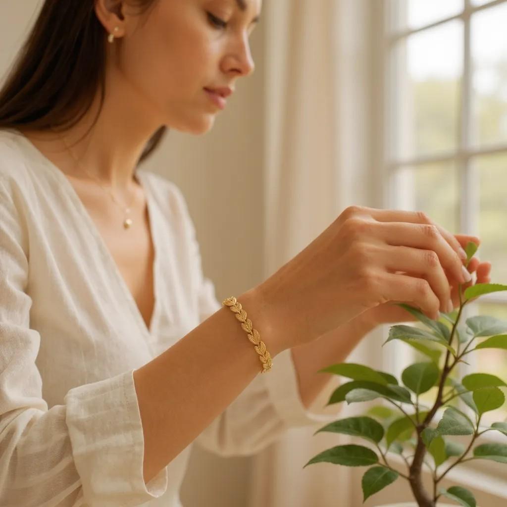 Elegant 14K Yellow Gold Leaf Motif Stacking Bracelet Etched Reflective Accents For Sale 3