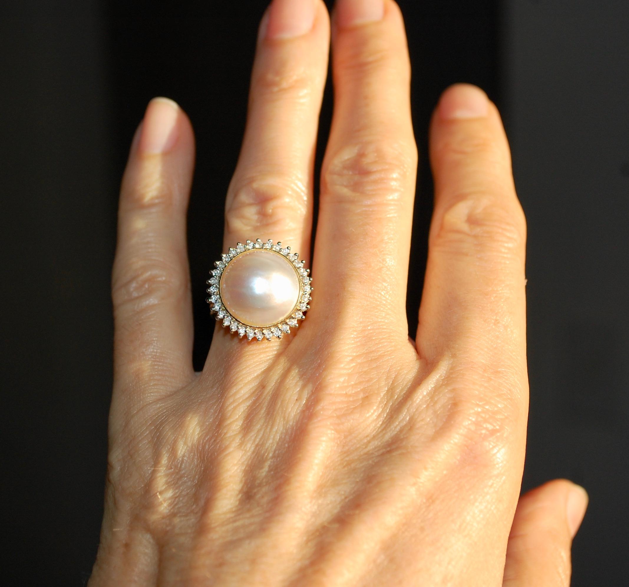 Modern 14k Yellow Gold Mabe Pearl Diamond Ring For Sale