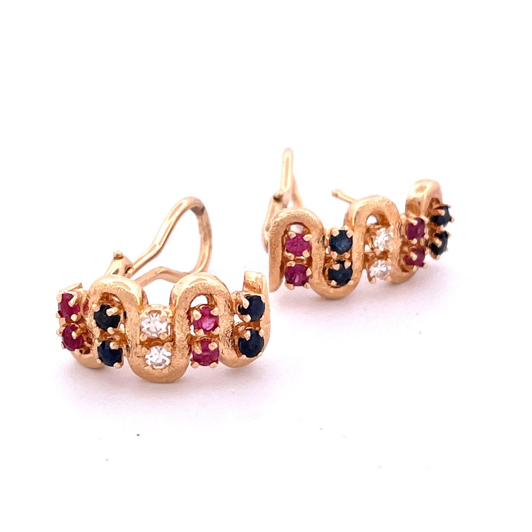 Modern Elegant 14k Yellow Gold Multicolor Diamond Earrings For Sale