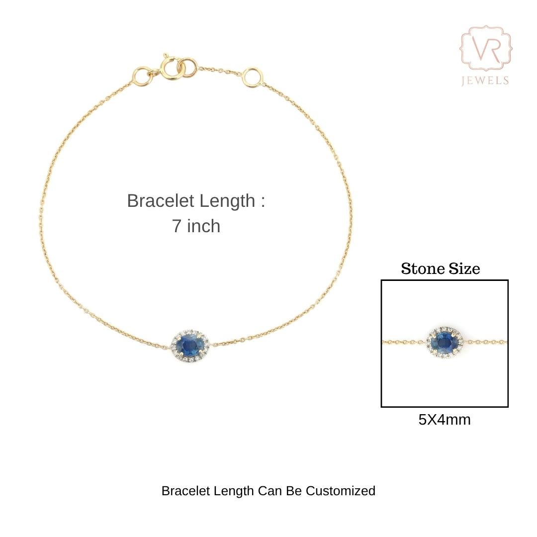 Elegant Bracelet en or jaune 14K avec saphir bleu de taille ovale et halo de diamants en vente 4