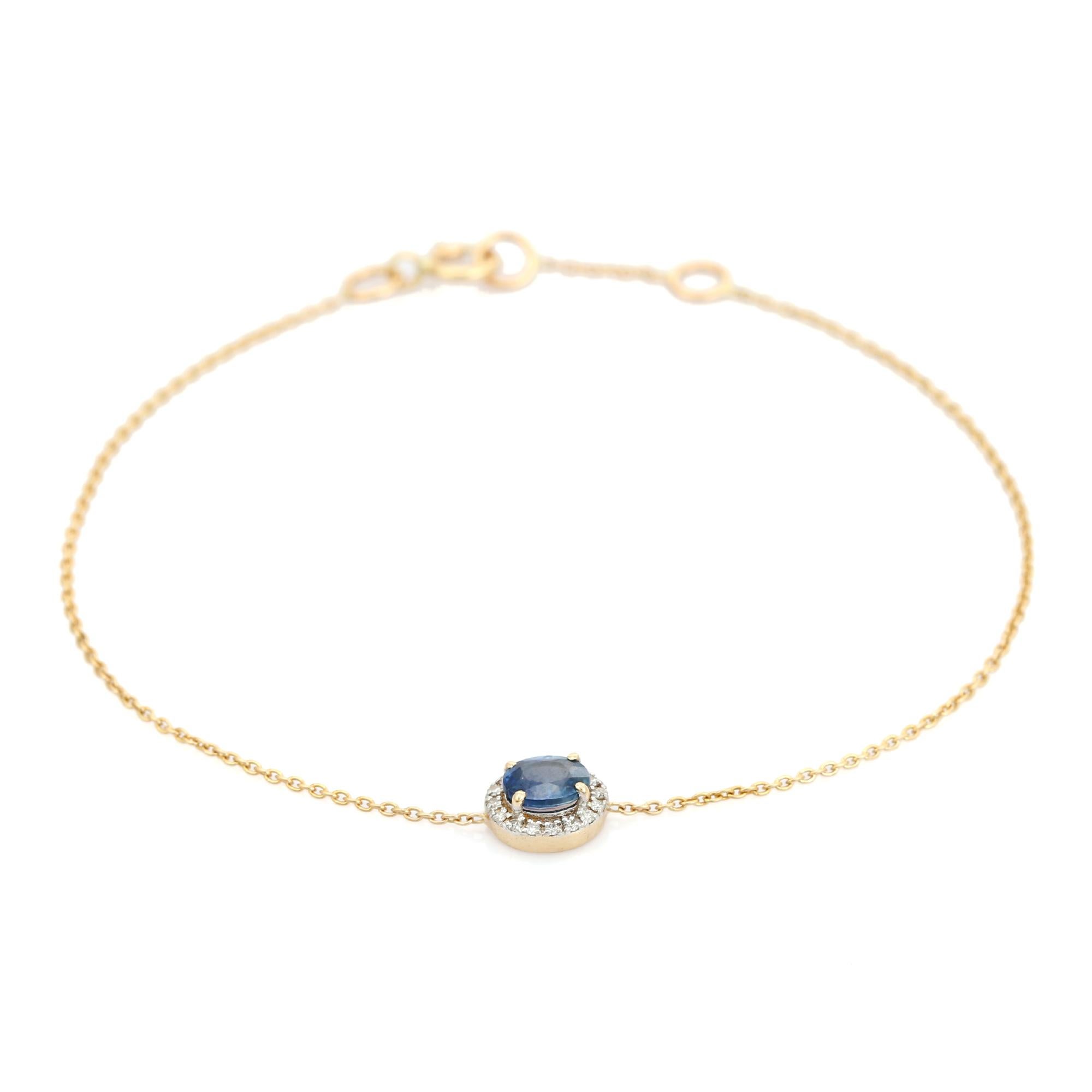 Elegant Bracelet en or jaune 14K avec saphir bleu de taille ovale et halo de diamants Neuf - En vente à New York, NY