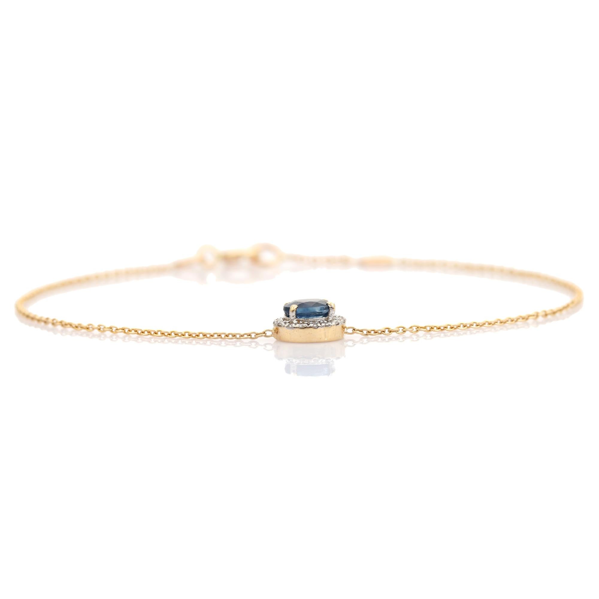 Elegant Bracelet en or jaune 14K avec saphir bleu de taille ovale et halo de diamants en vente 1