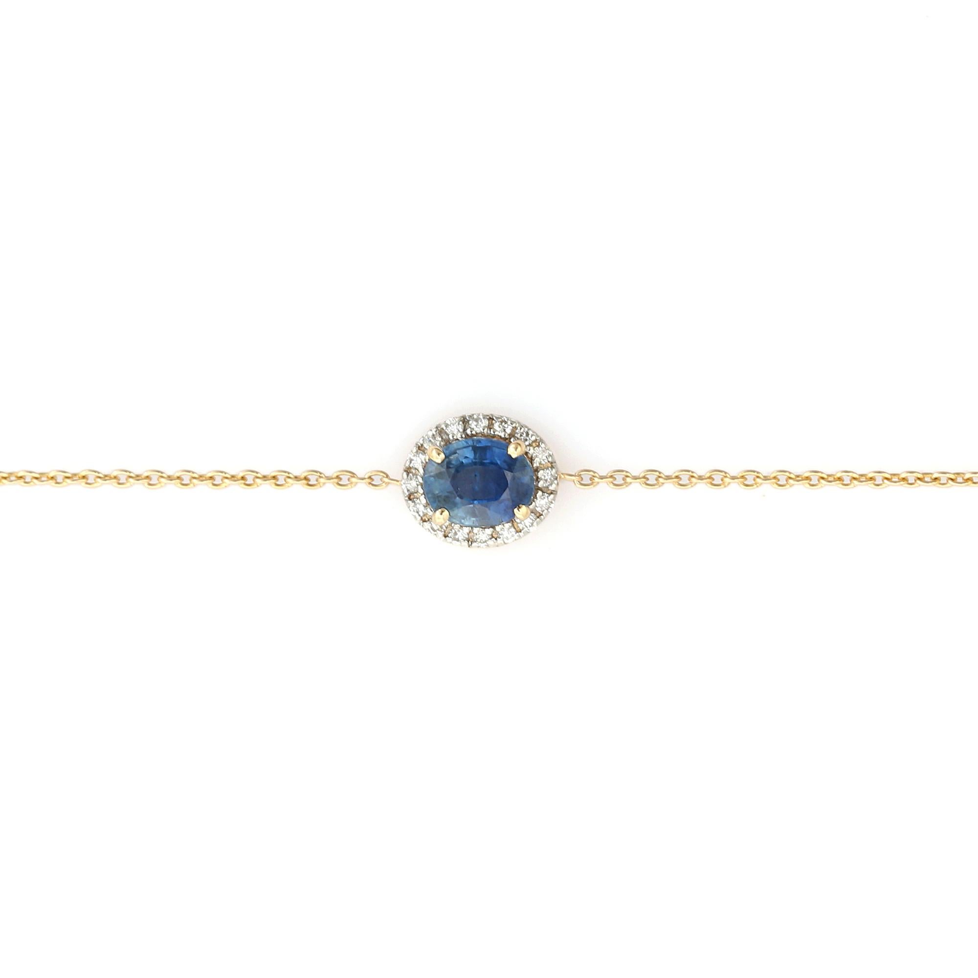 Elegant Bracelet en or jaune 14K avec saphir bleu de taille ovale et halo de diamants en vente 3