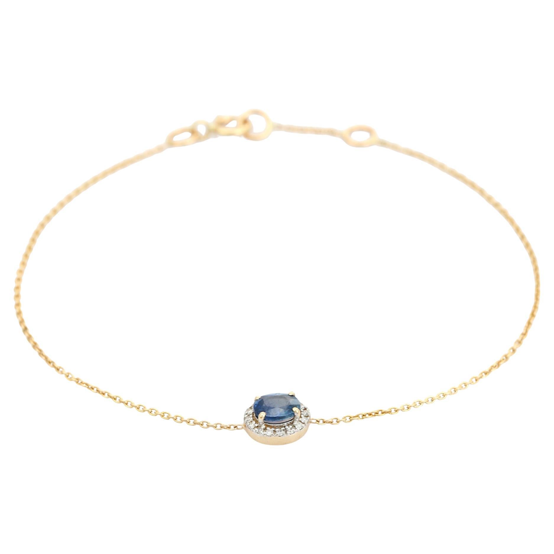 Elegant 14K Yellow Gold Oval Cut Blue Sapphire & Diamond Halo Chain Bracelet