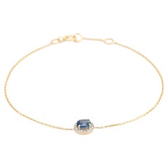 Elegant 14K Yellow Gold Oval Cut Blue Sapphire & Diamond Halo Chain Bracelet