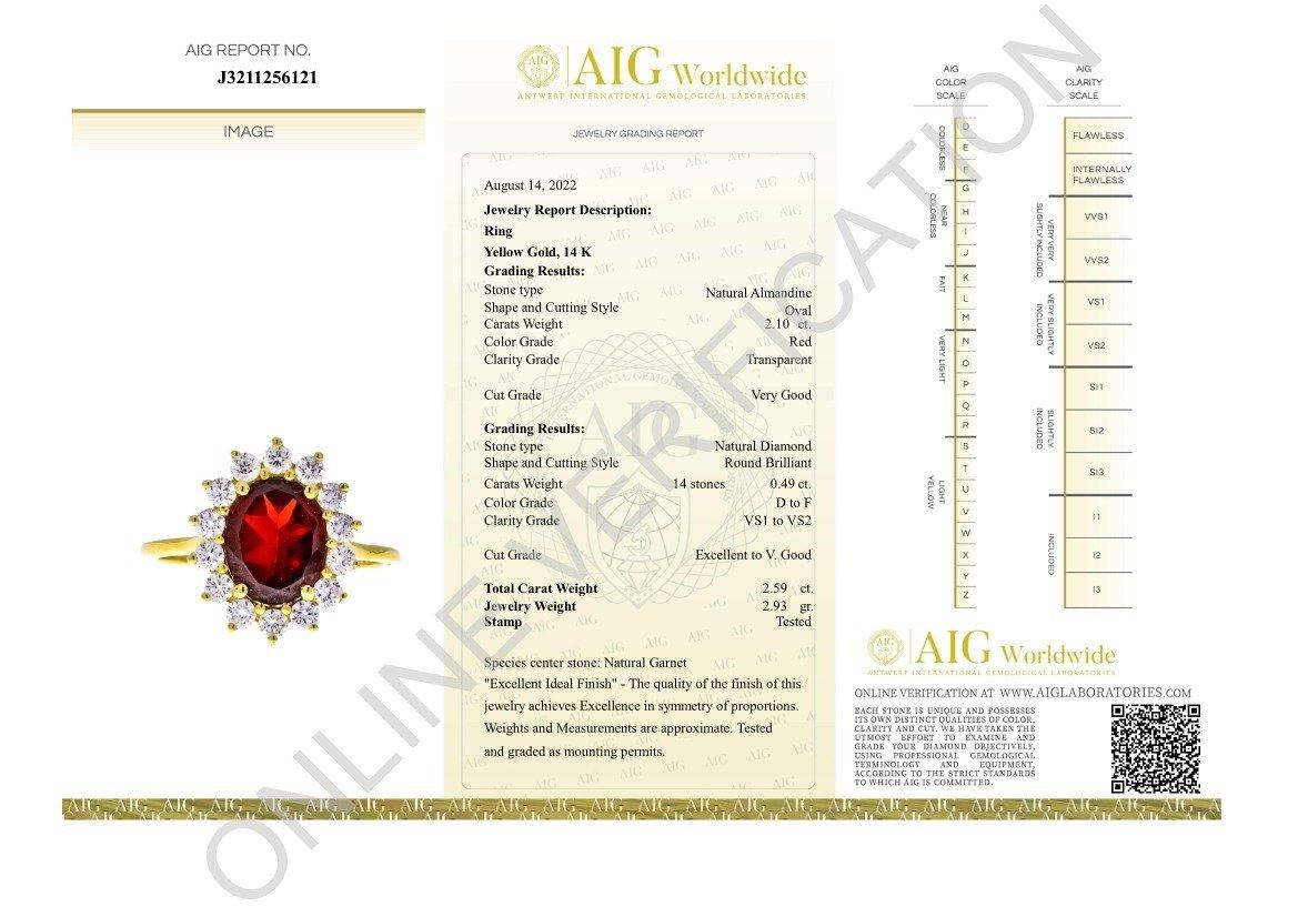 Elegant 14k Yellow Gold Ring with 2.10 Ct Natural Garnet and Diamonds- AIG Cert 3