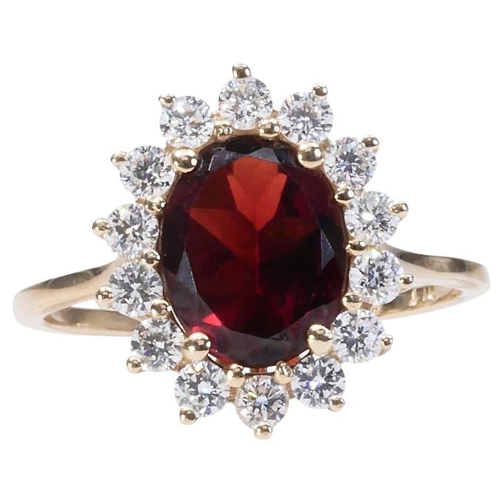 Elegant 14k Yellow Gold Ring with 2.10 Ct Natural Garnet and Diamonds- AIG Cert