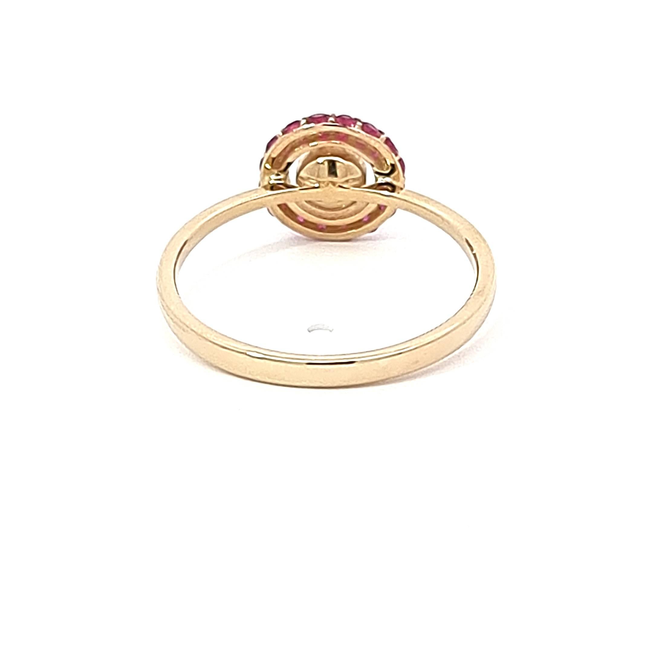 Round Cut Elegant 14K Yellow Gold Ring with Bezel Set Diamond and Ruby Halo For Sale