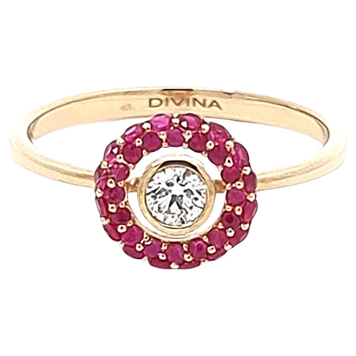 Elegant 14K Yellow Gold Ring with Bezel Set Diamond and Ruby Halo For Sale