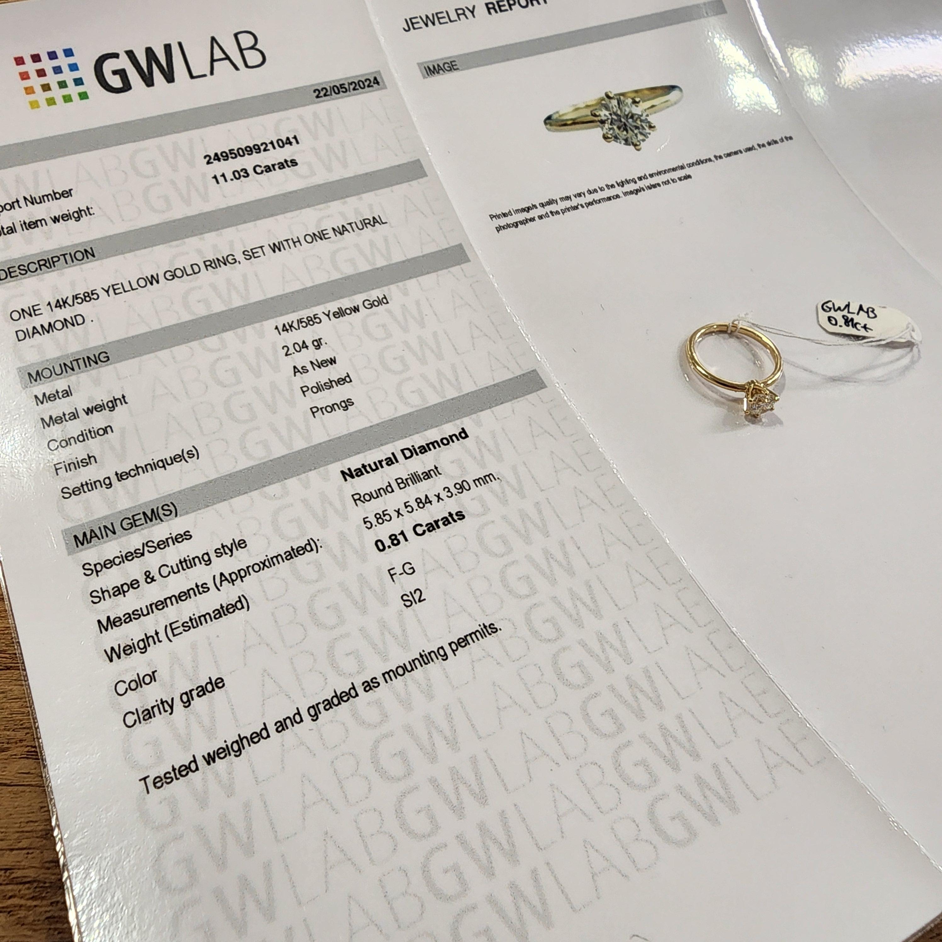 Elegance Anello solitario in oro giallo 14K con diamante naturale da 0,81 carati in vendita 7