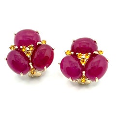 Elegant 14k Yellow Gold Triple Oval Ruby Earrings