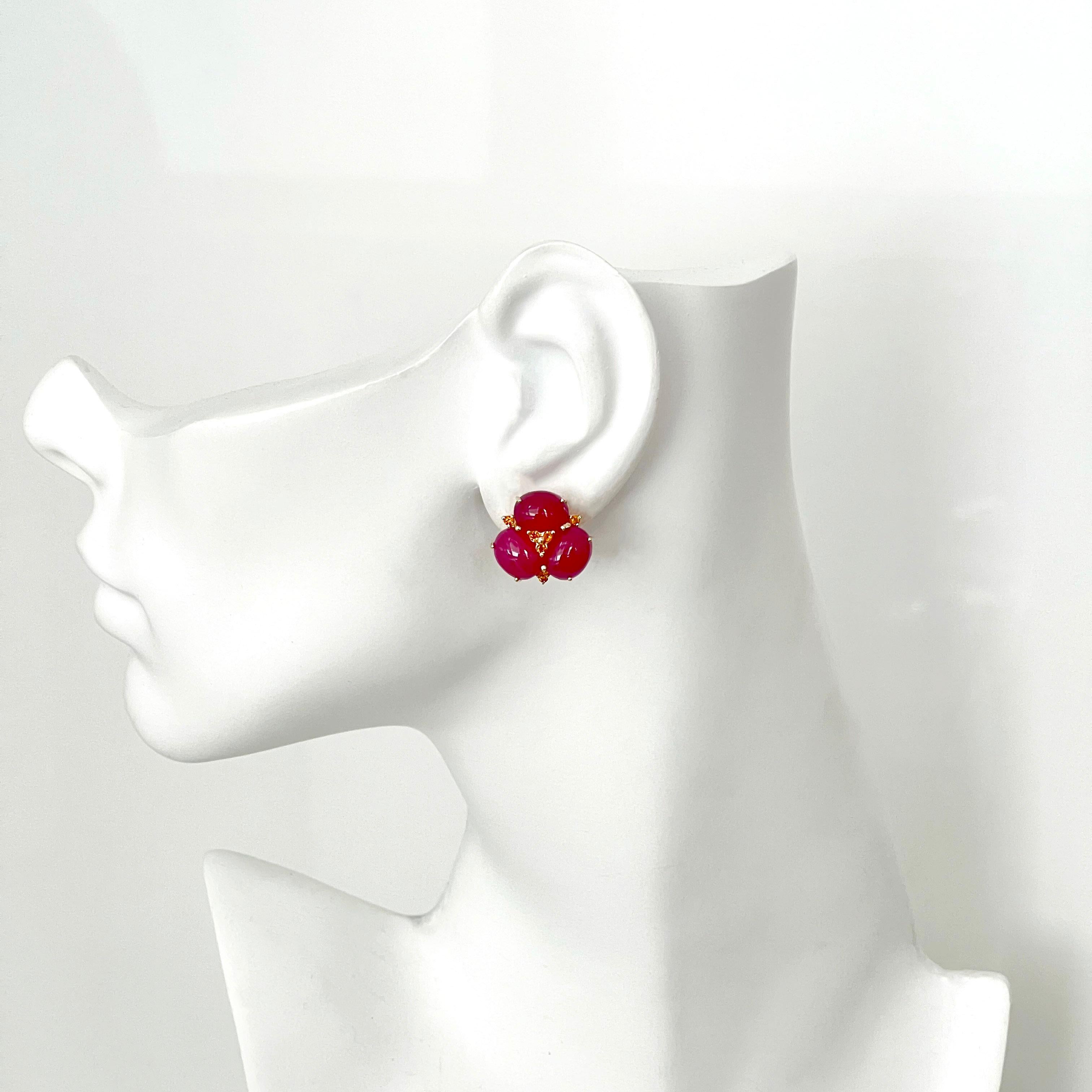 Contemporary Elegant 14k Yellow Gold Triple Oval Ruby Earrings