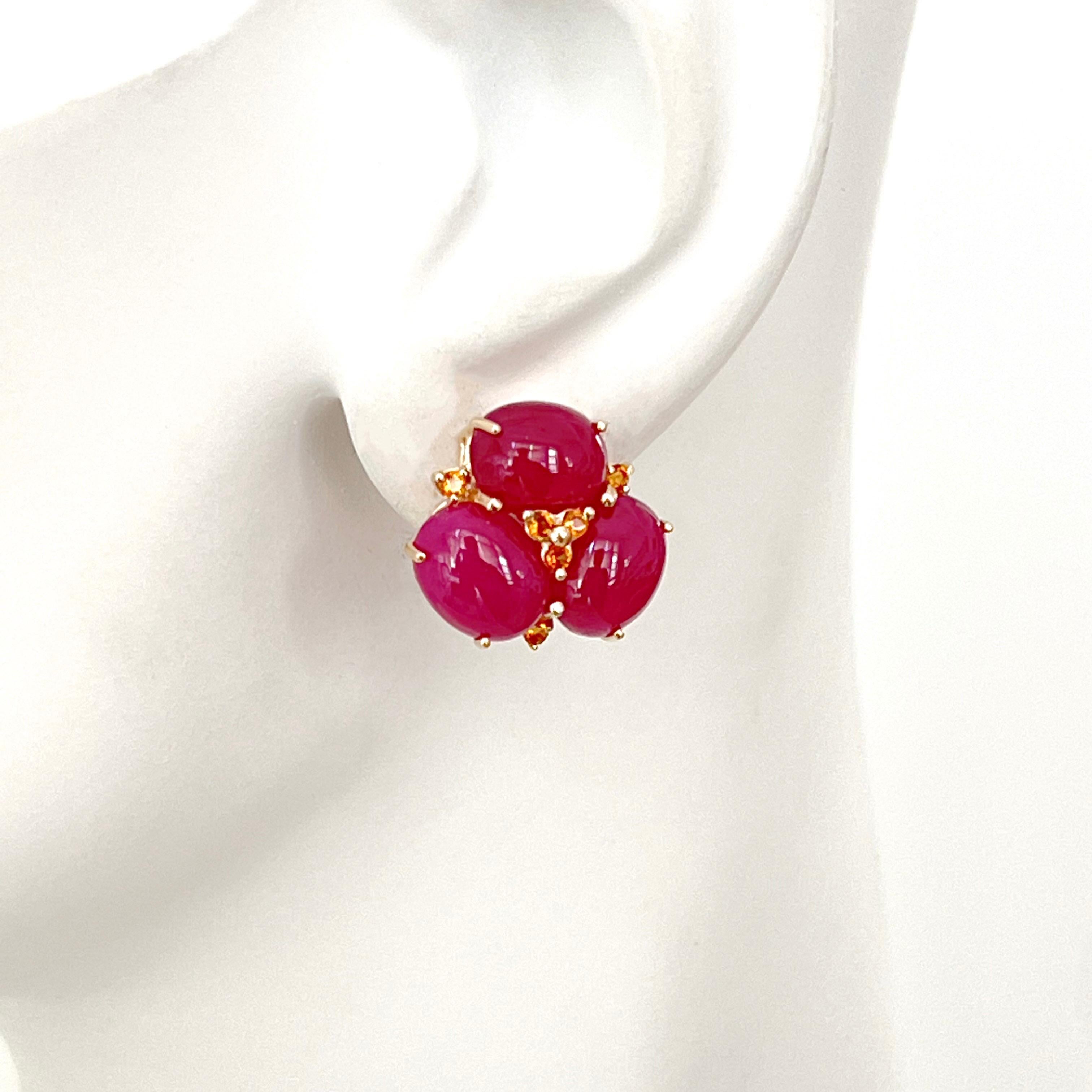 Elegant 14k Yellow Gold Triple Oval Ruby Earrings In New Condition In Los Angeles, CA