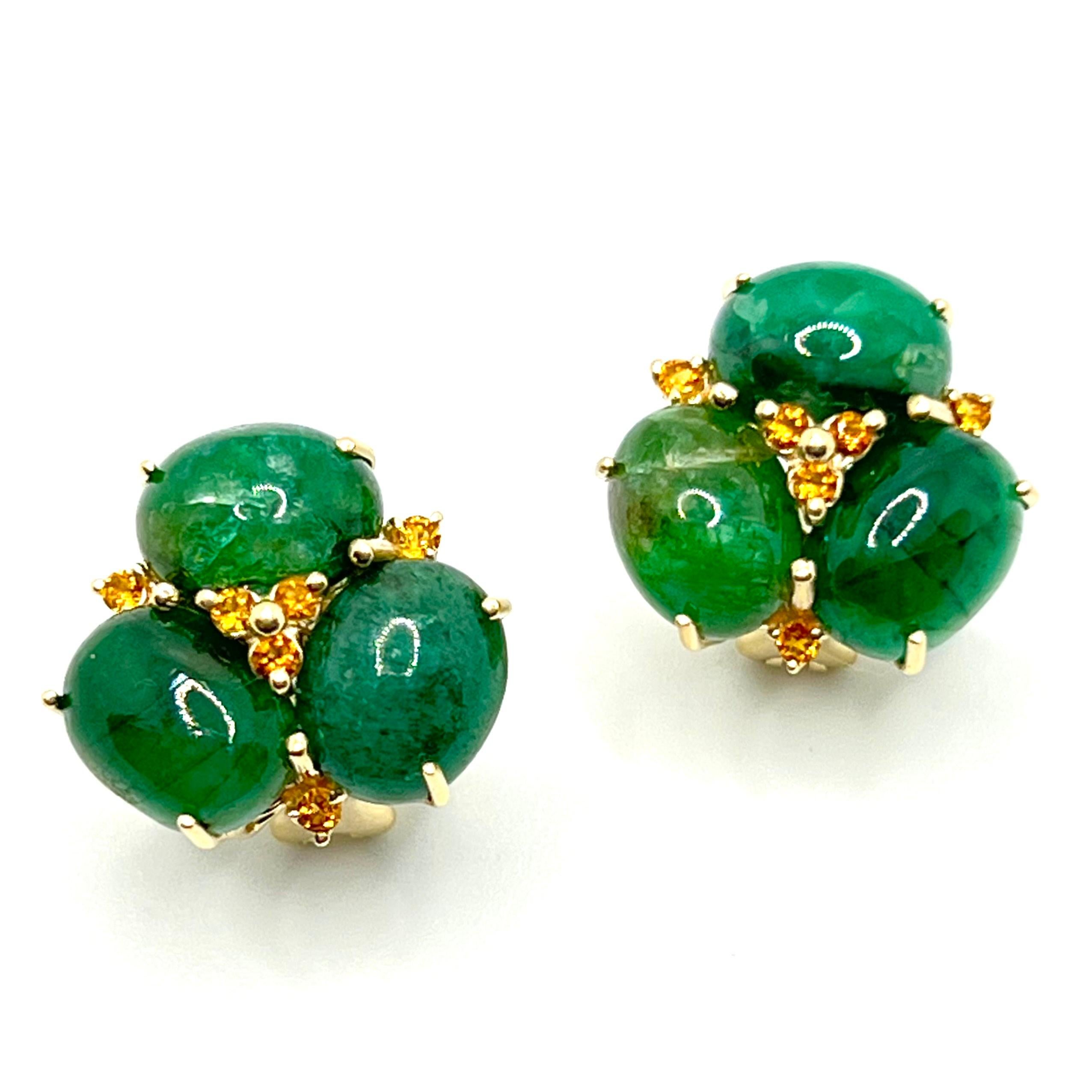 Contemporary Elegant 14k Yellow Gold Triple Oval Emerald Earrings For Sale