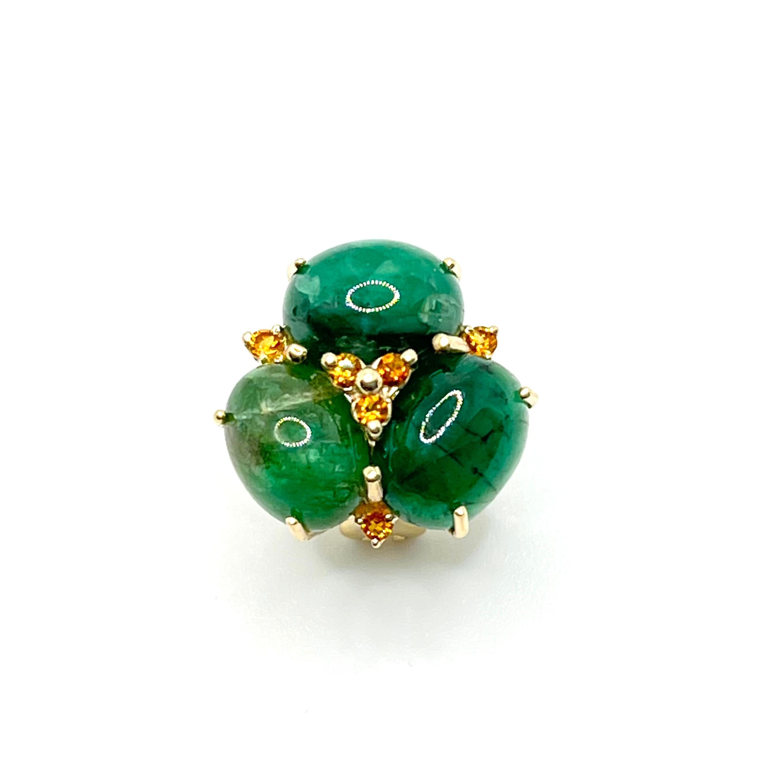 Elegant 14k Yellow Gold Triple Oval Emerald Earrings For Sale 2