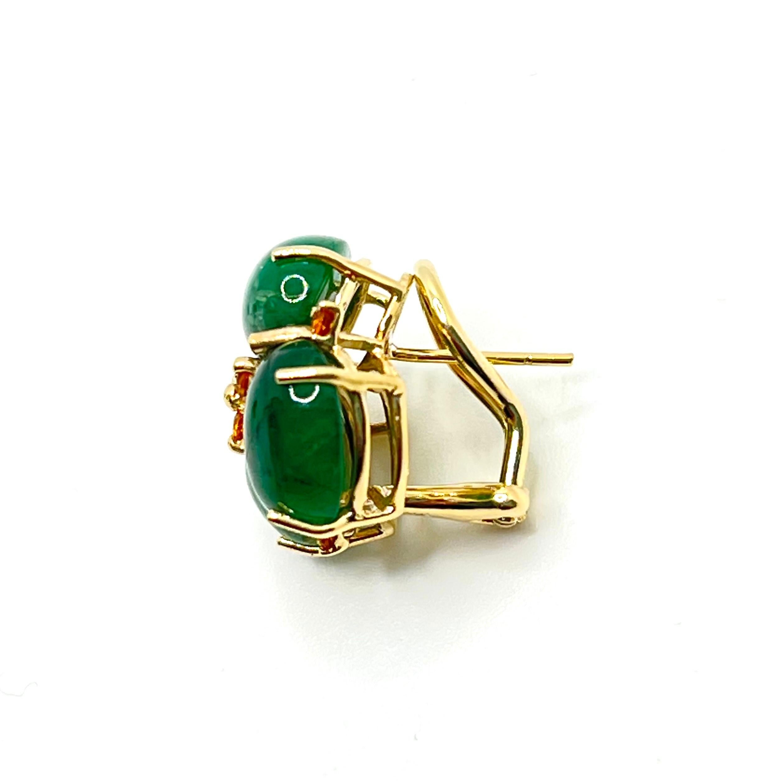 Elegant 14k Yellow Gold Triple Oval Emerald Earrings For Sale 3