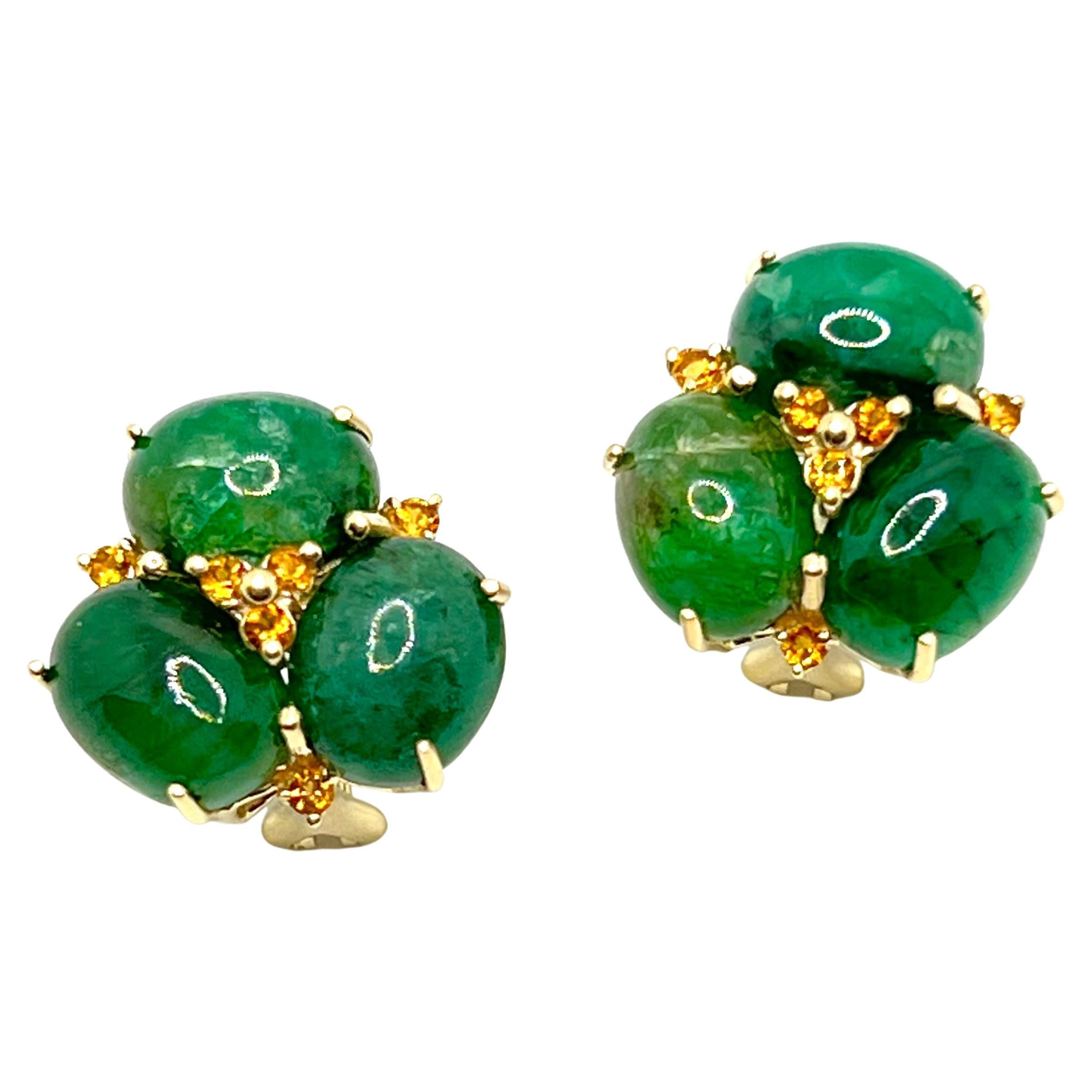 Dreifache ovale Smaragd-Ohrringe aus 14 Karat Gelbgold