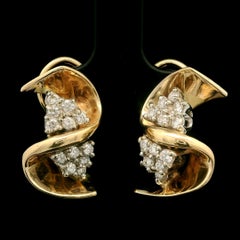 Elegant 14K Yellow & White Gold 0.80ctw Diamond Swirl Cluster Omega Earrings