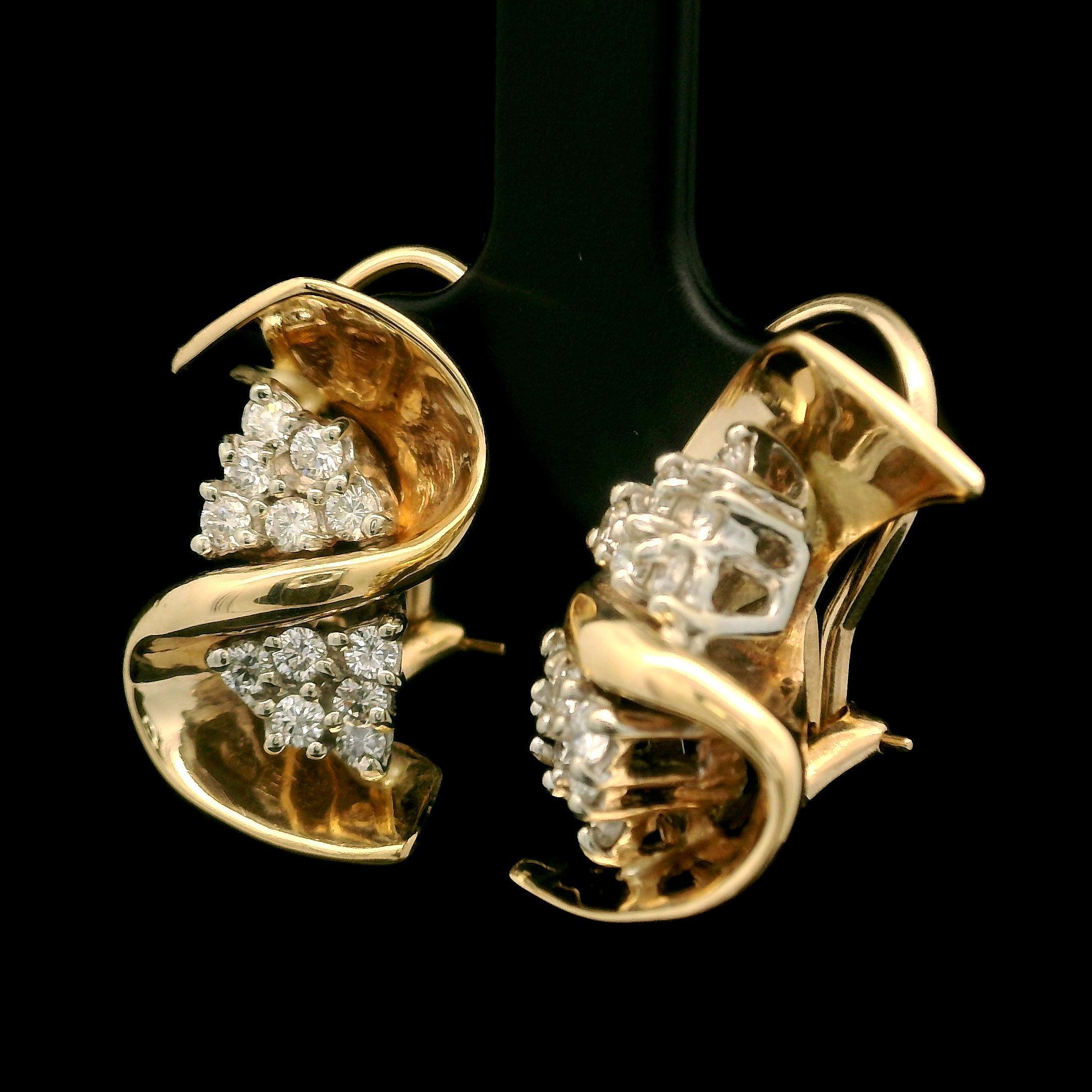 Brilliant Cut Elegant 14K Yellow & White Gold 0.80ctw Diamond Swirl Cluster Omega Earrings For Sale