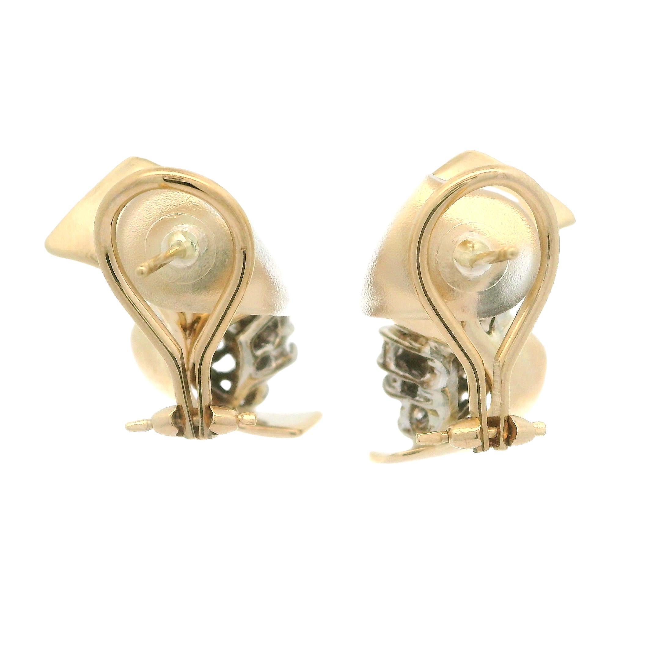 Women's Elegant 14K Yellow & White Gold 0.80ctw Diamond Swirl Cluster Omega Earrings For Sale