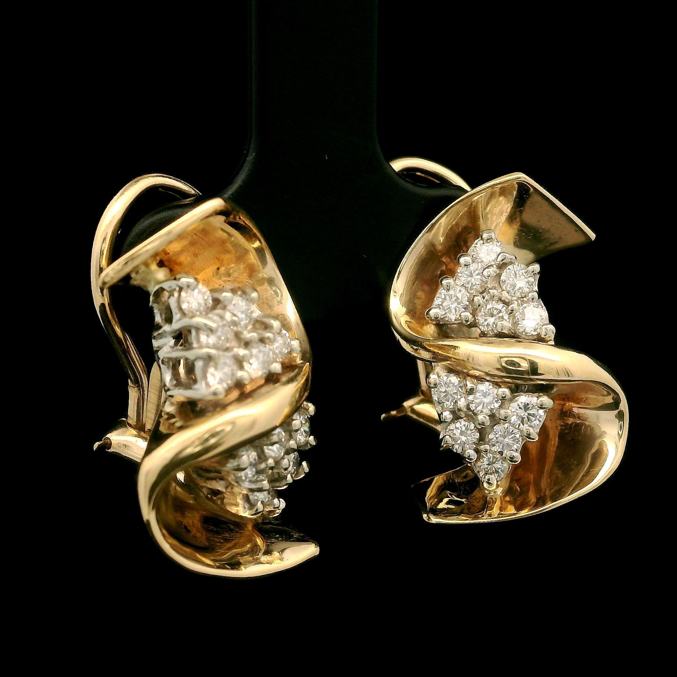 Elegant 14K Yellow & White Gold 0.80ctw Diamond Swirl Cluster Omega Earrings For Sale 1