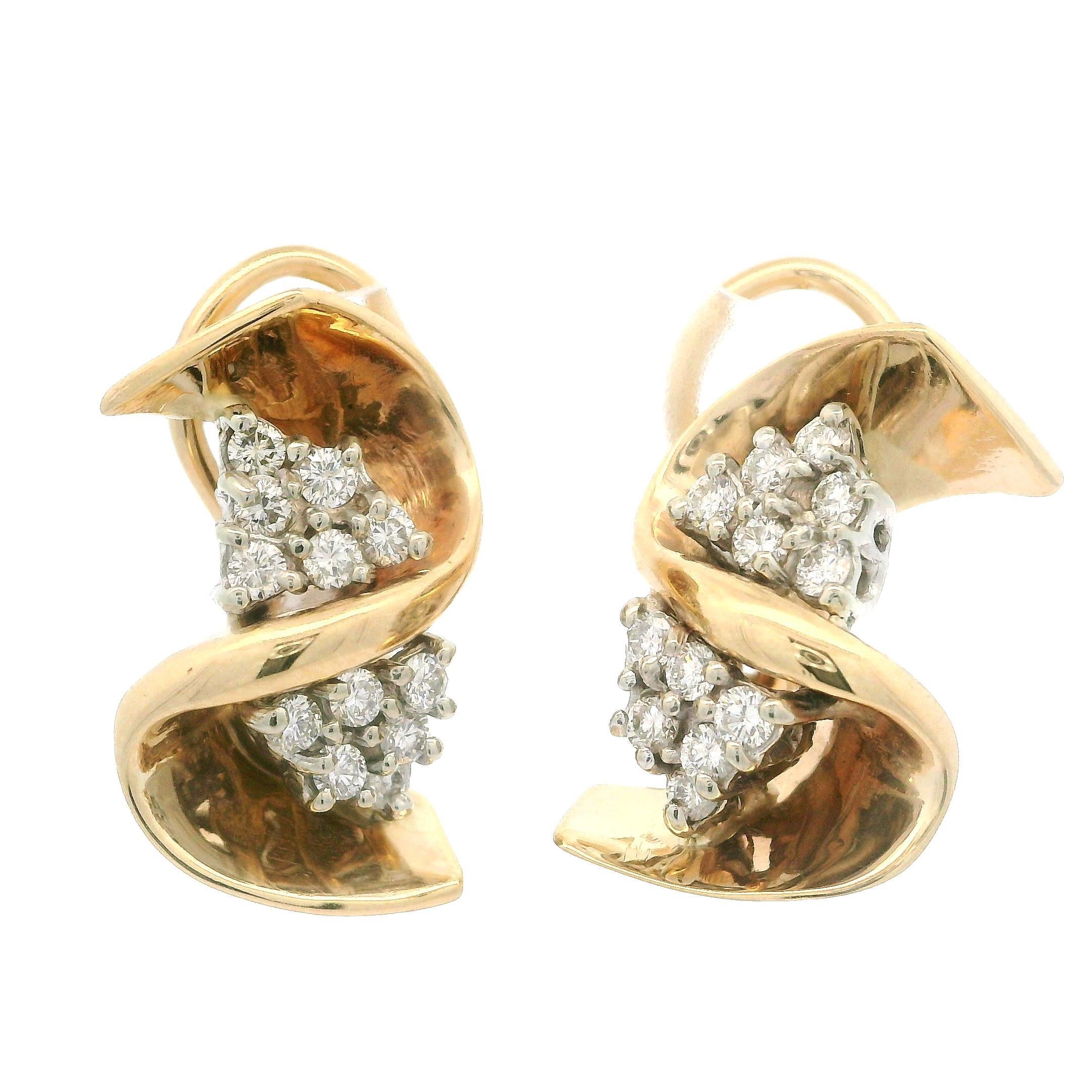 Elegant 14K Yellow & White Gold 0.80ctw Diamond Swirl Cluster Omega Earrings For Sale 2