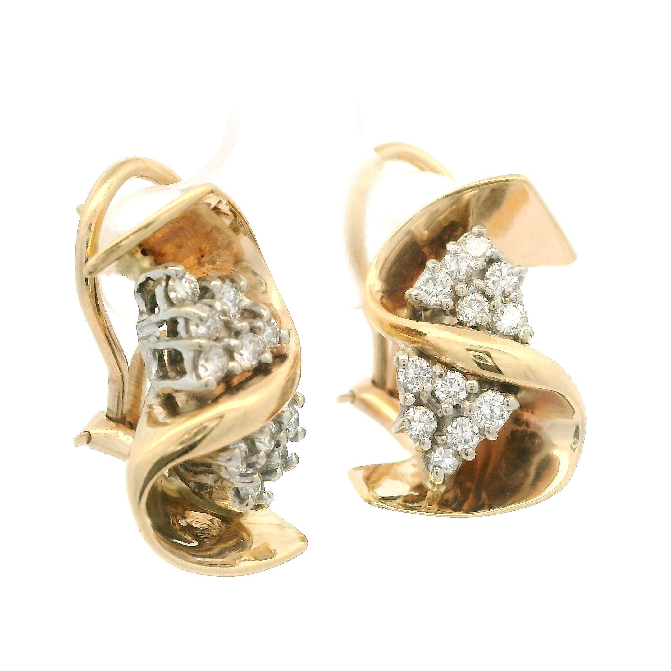 Elegant 14K Yellow & White Gold 0.80ctw Diamond Swirl Cluster Omega Earrings For Sale 3