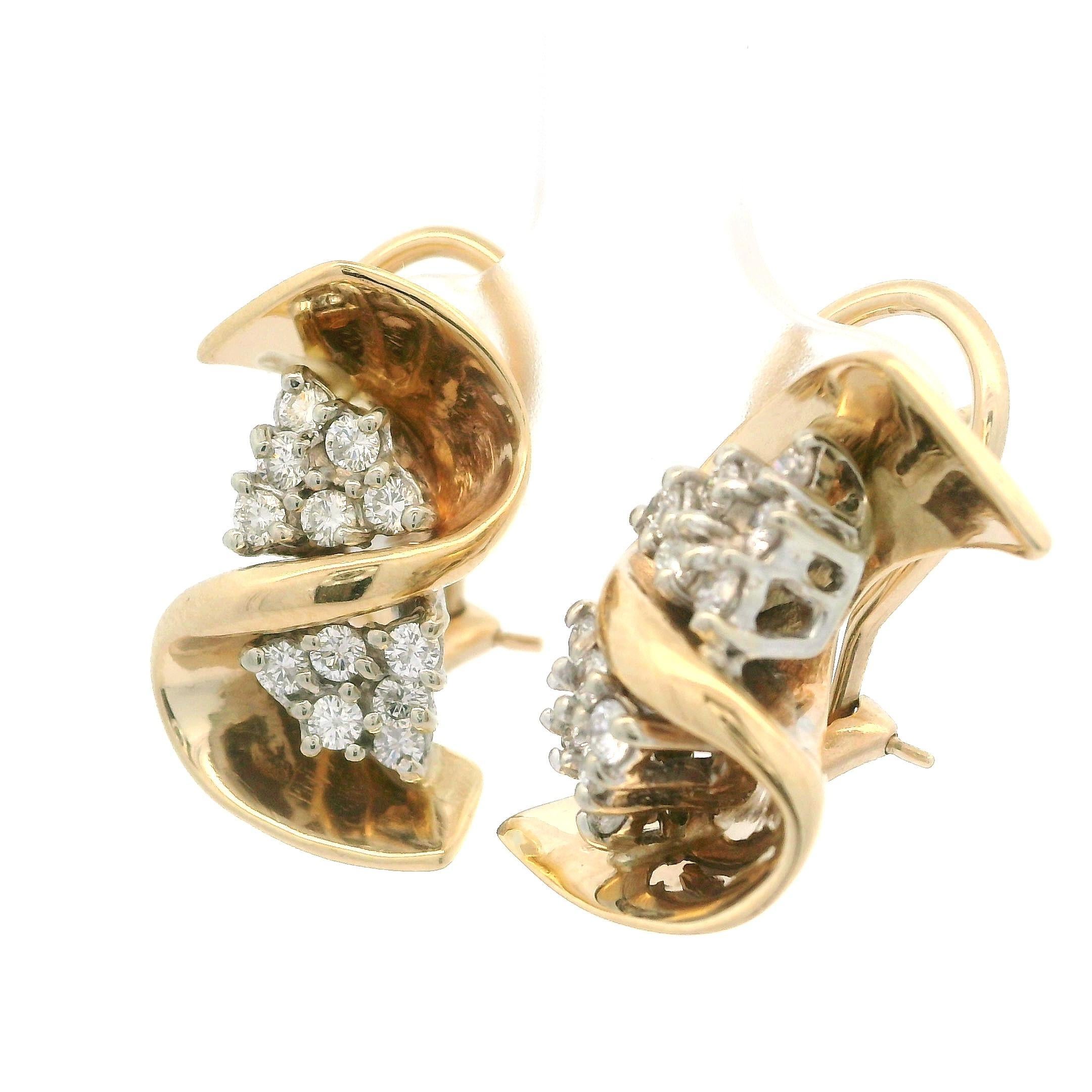 Elegant 14K Yellow & White Gold 0.80ctw Diamond Swirl Cluster Omega Earrings For Sale 4