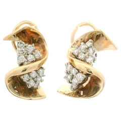 Elegant 14K Yellow & White Gold 0.80ctw Diamond Swirl Cluster Omega Earrings