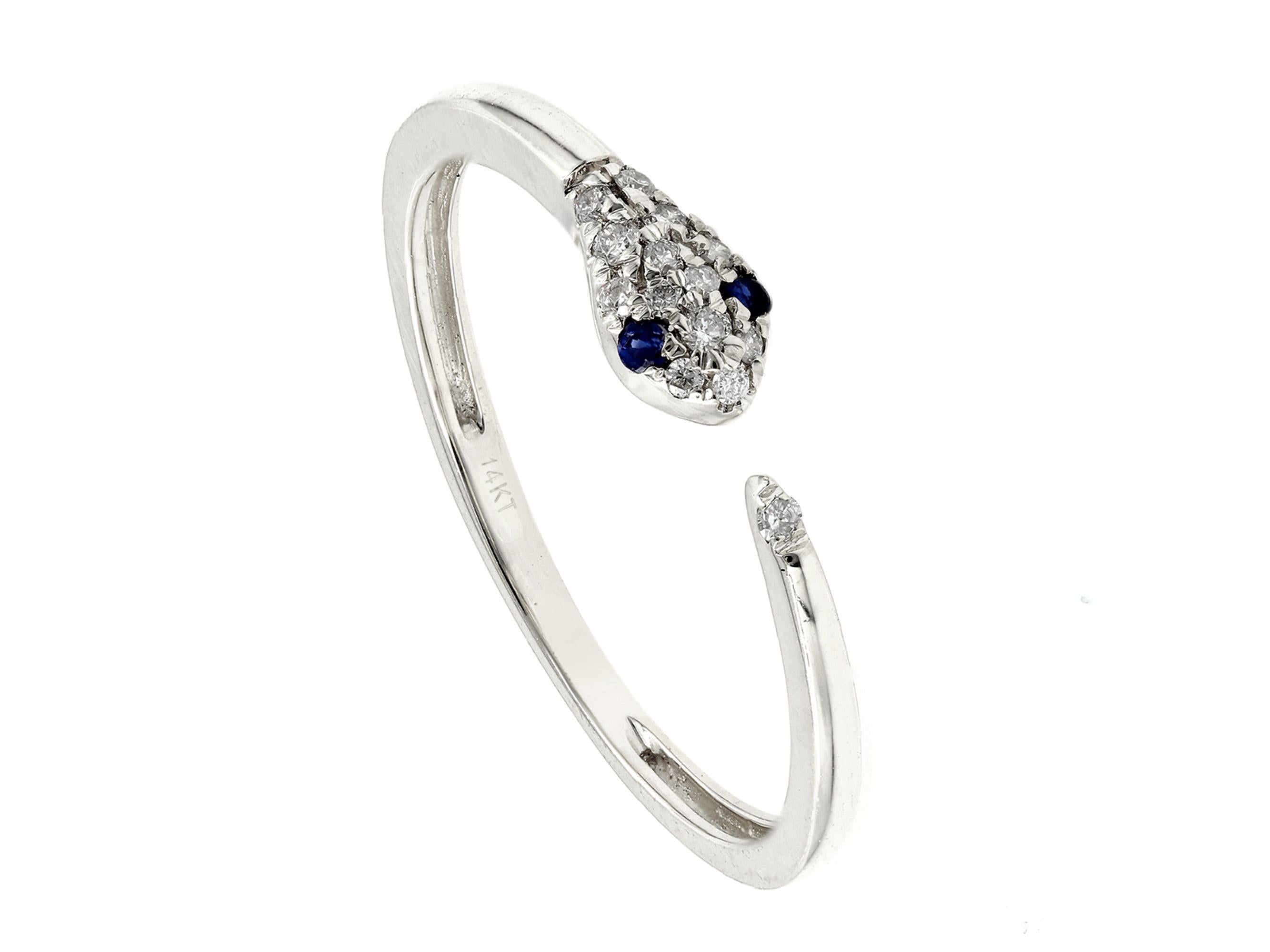 Eleganza dell'anello con design a serpente in oro bianco 14KT con diamanti e zaffiro blu