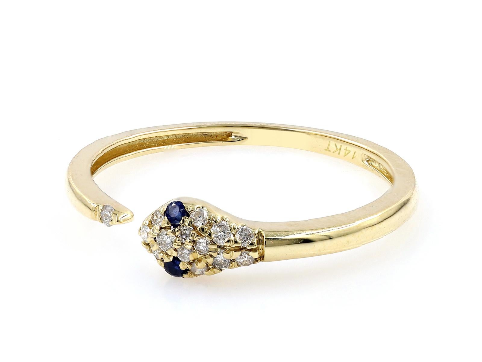 Taille ronde Elegante bague en or jaune 14KT à motif de serpent avec diamants et saphir bleu en vente