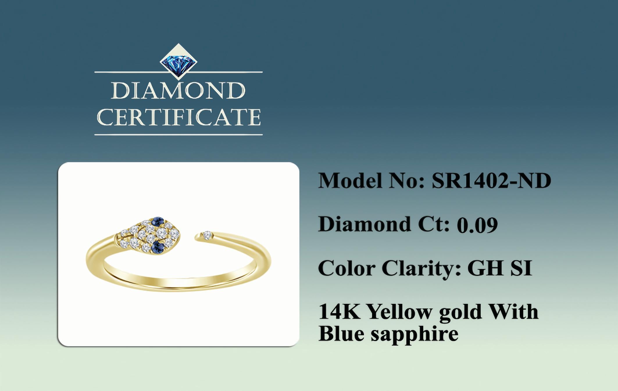 Elegante bague en or jaune 14KT à motif de serpent avec diamants et saphir bleu en vente 2