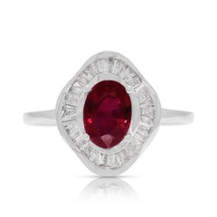 Elegant 1.50ct Natural Ruby and Tapered Diamonds Cluster Ring in 18k White Gold