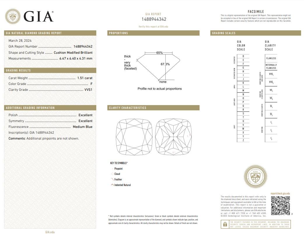 Elegante 1,51 Karat Solitär-Halskette aus 18 Karat Weißgold mit Diamanten im Kissenschliff - GIA 1