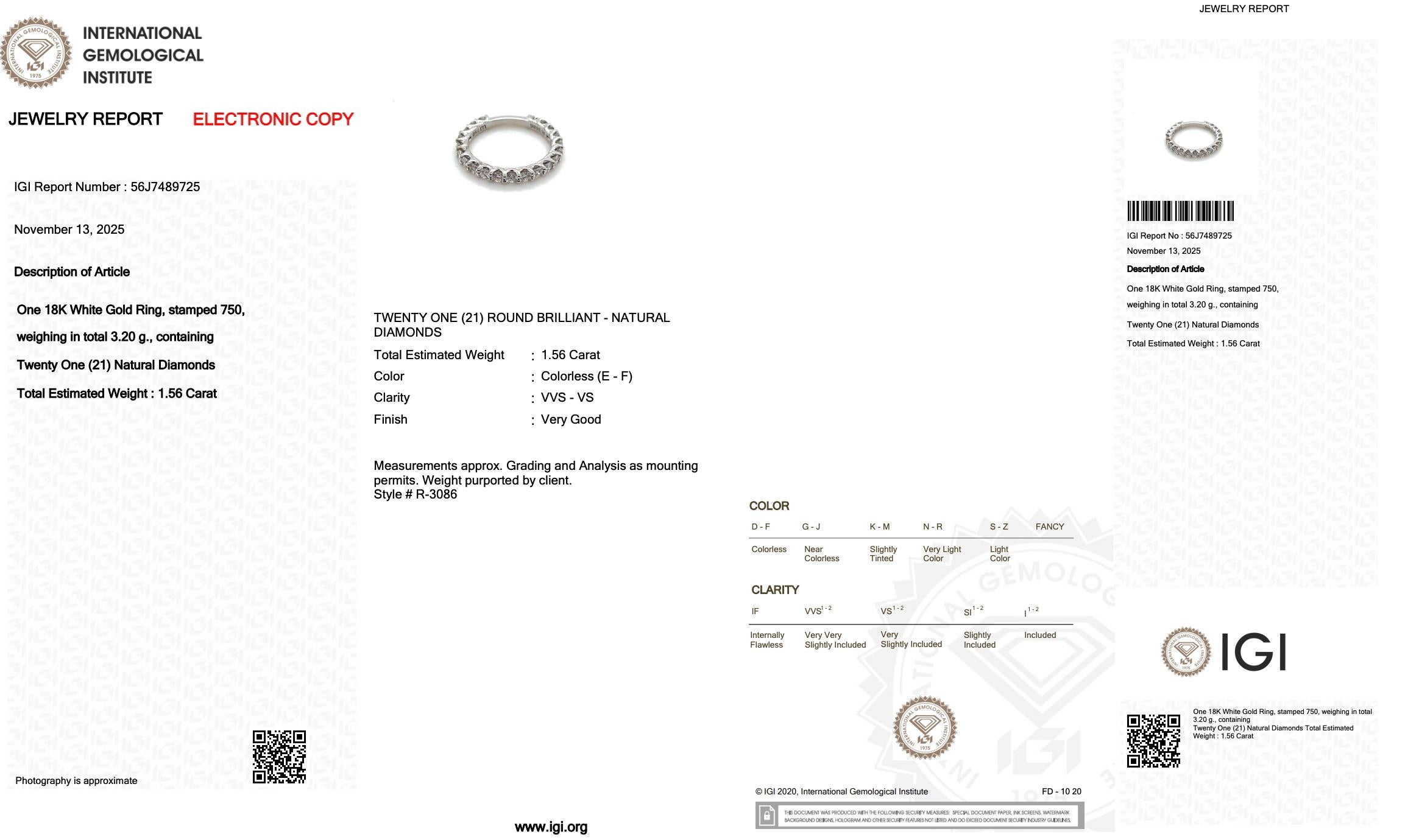 Eleganter 1,56ct Diamanten Band Ring in 18k Weißgold - IGI zertifiziert Damen im Angebot