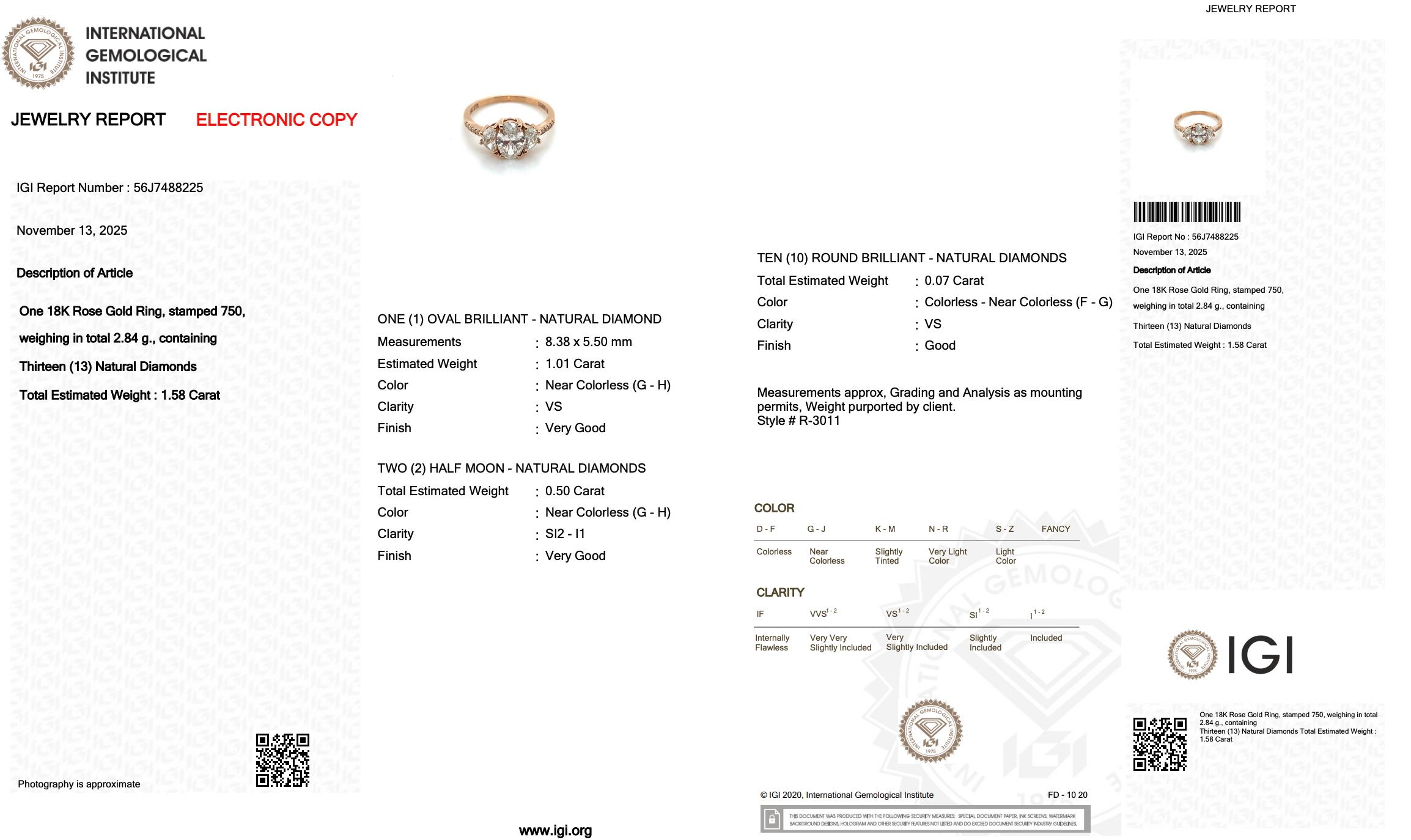 Donna Eleganza: anello a tre pietre con 1,58 carati di diamanti in oro rosa 18 carati - certificato IGI in vendita