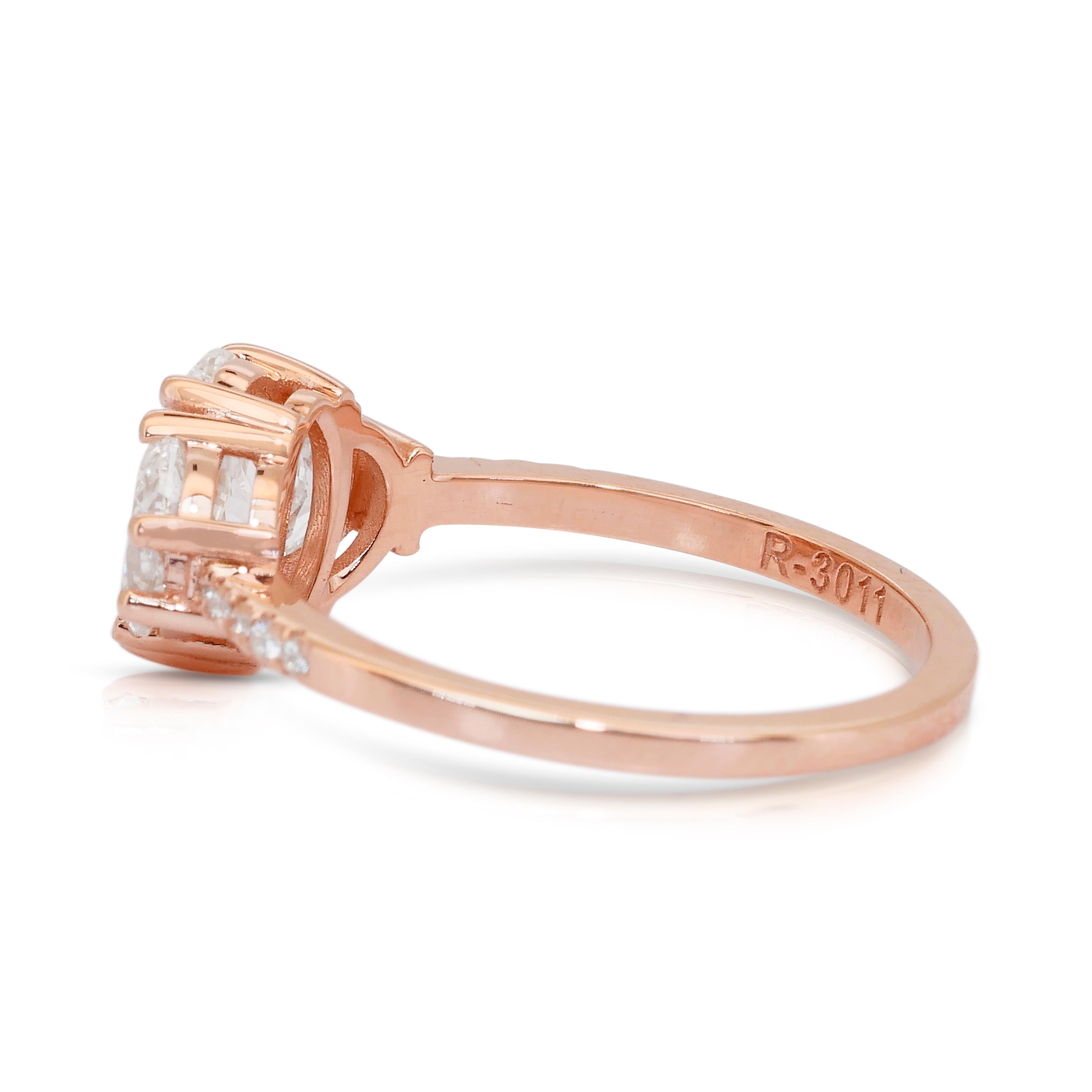 Eleganza: anello a tre pietre con 1,58 carati di diamanti in oro rosa 18 carati - certificato IGI in vendita 1