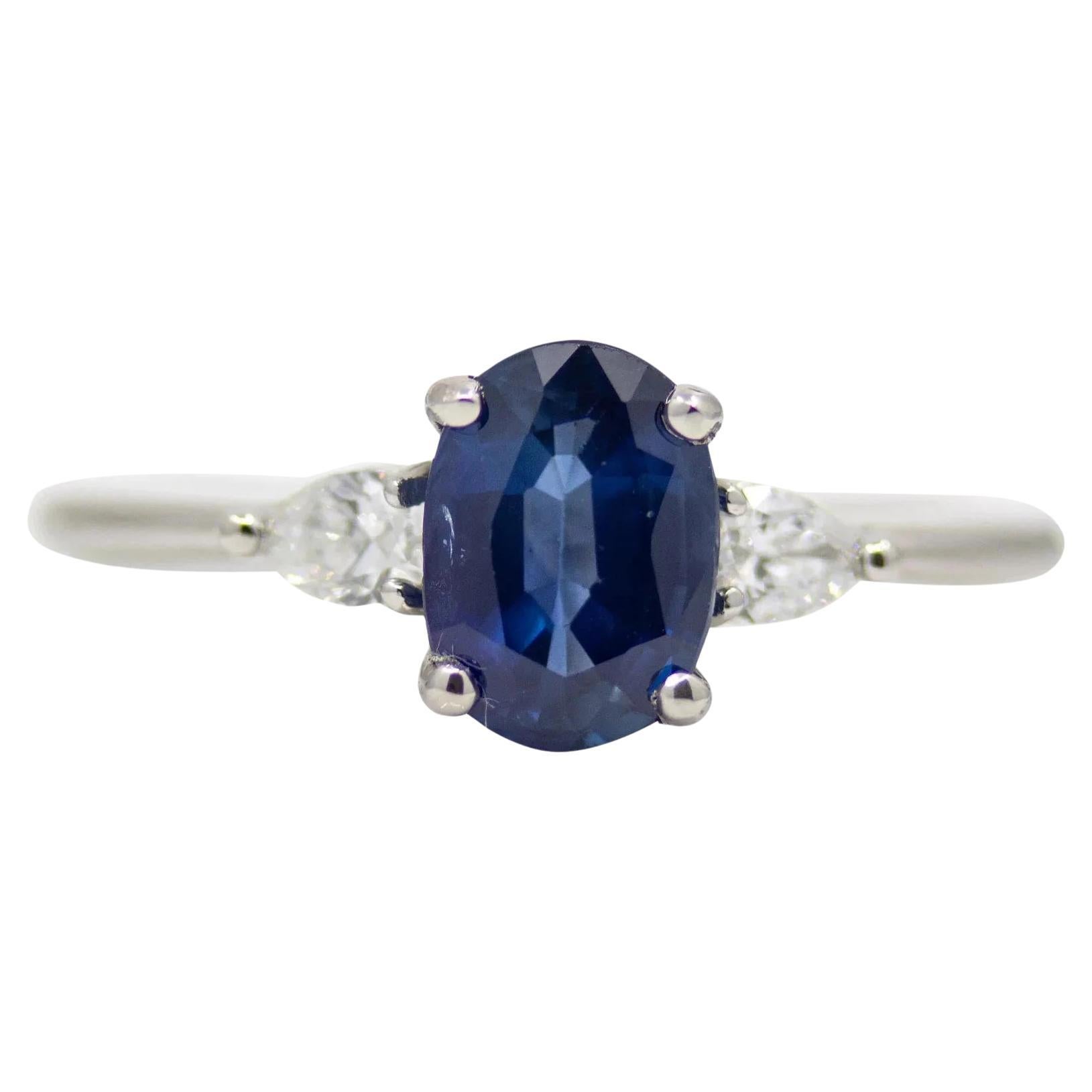 Elegant 1.59ct Ceylon Sapphire & Diamond Three Stone Ring in Platinum For Sale