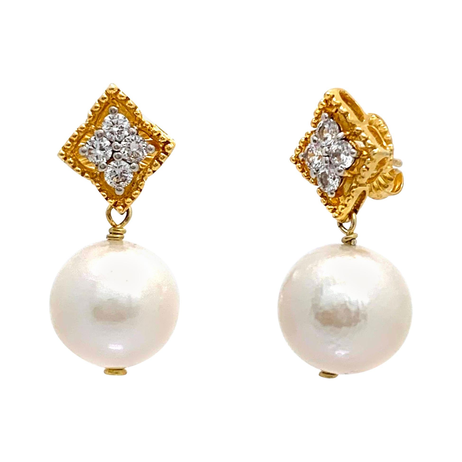 Cultured Pearl Diamond Drop Earrings at 1stDibs