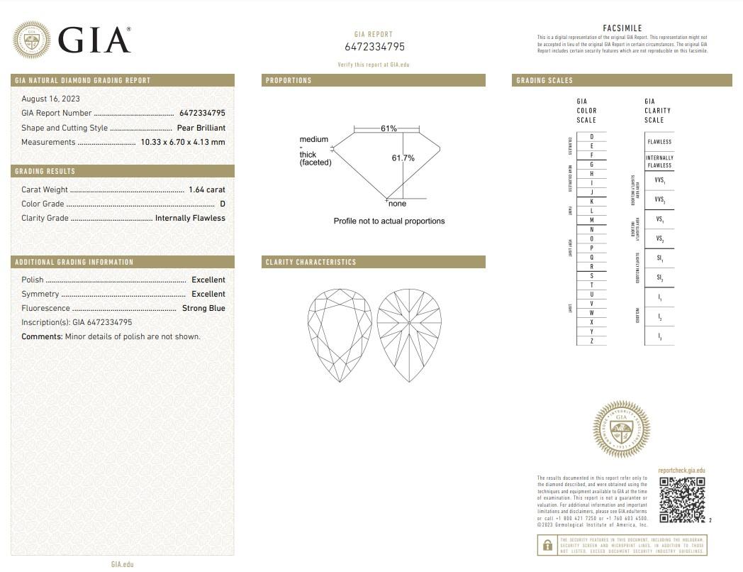 Elegant 1.64ct Ideal Cut Pear-Shaped Diamond - GIA Certified

Introducing a diamond of unmatched beauty, this 1.64-carat pear-shaped diamond epitomizes elegance and sophistication. This diamond is accompanied by a GIA certificate, confirming its