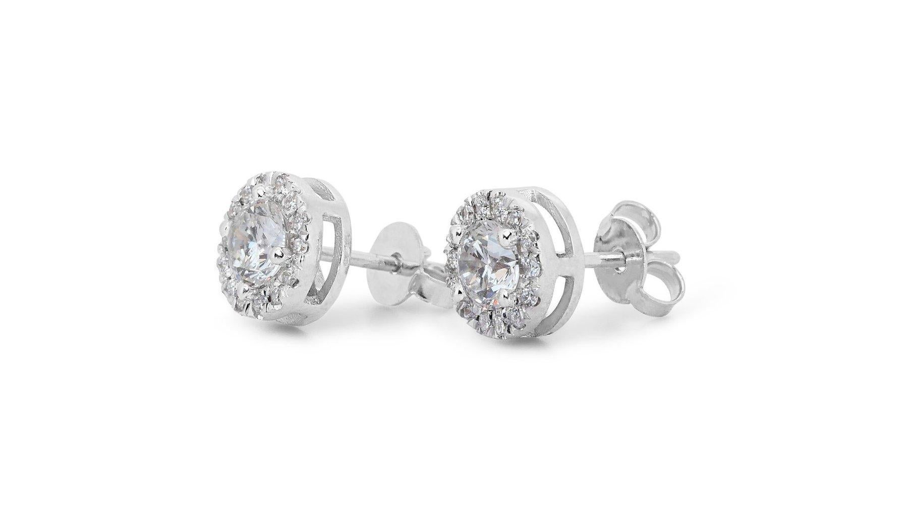 Round Cut Elegant 1.68ct Diamond Halo Stud Earrings in 18k White Gold - GIA Certified For Sale