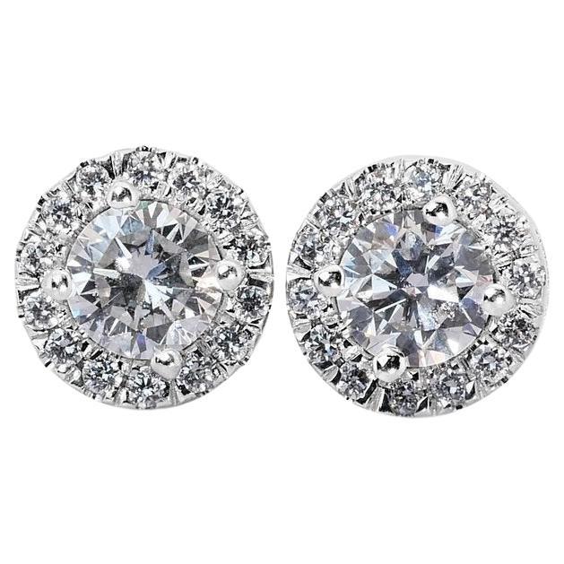 Elegant 1.68ct Diamond Halo Stud Earrings in 18k White Gold - GIA Certified