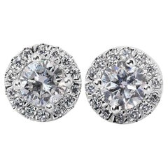 Elegant 1.68ct Diamond Halo Stud Earrings in 18k White Gold - GIA Certified