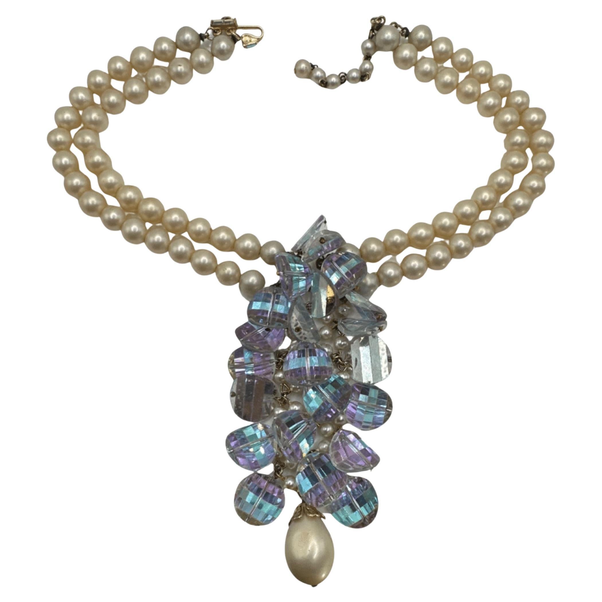 Elegant 17.25" Classic Pearl Pendant Necklace with Glass and Large Drop Pearl For Sale