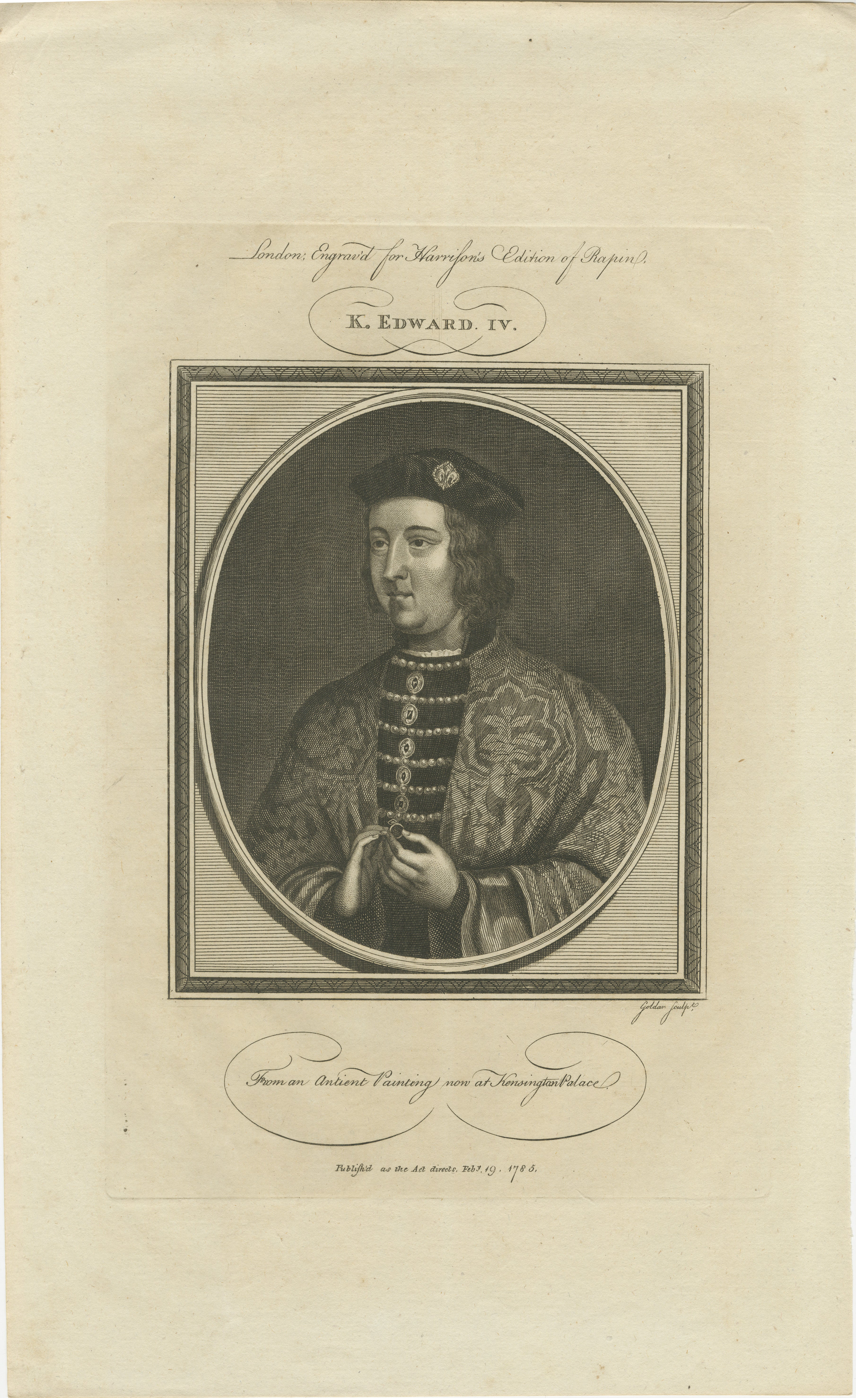 The image is an original engraved portrait, depicting King Edward IV of England. This engraving was created for 