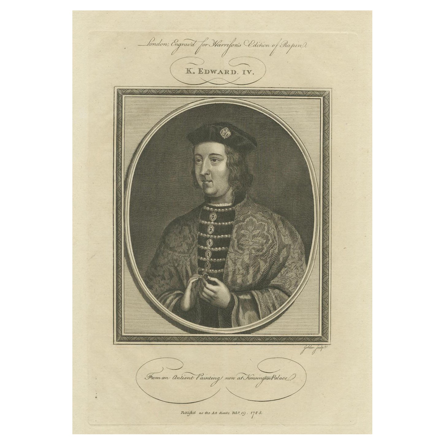 Élégant portrait gravé du roi Édouard IV, majesté royale, 1786
