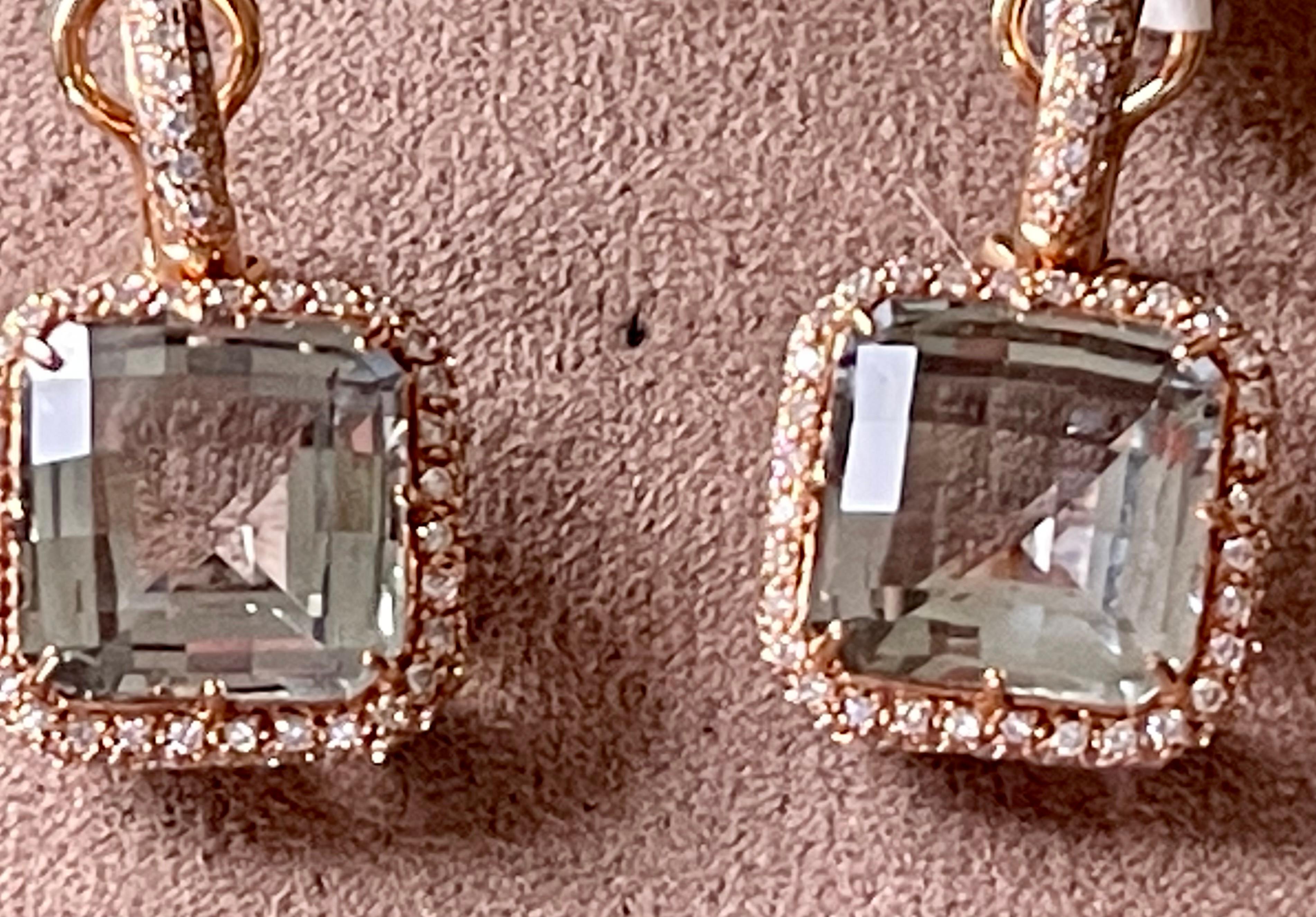 Elegant 18 K Rose Gold Earrings with Diamonds and Green Amethyst For Sale 5
