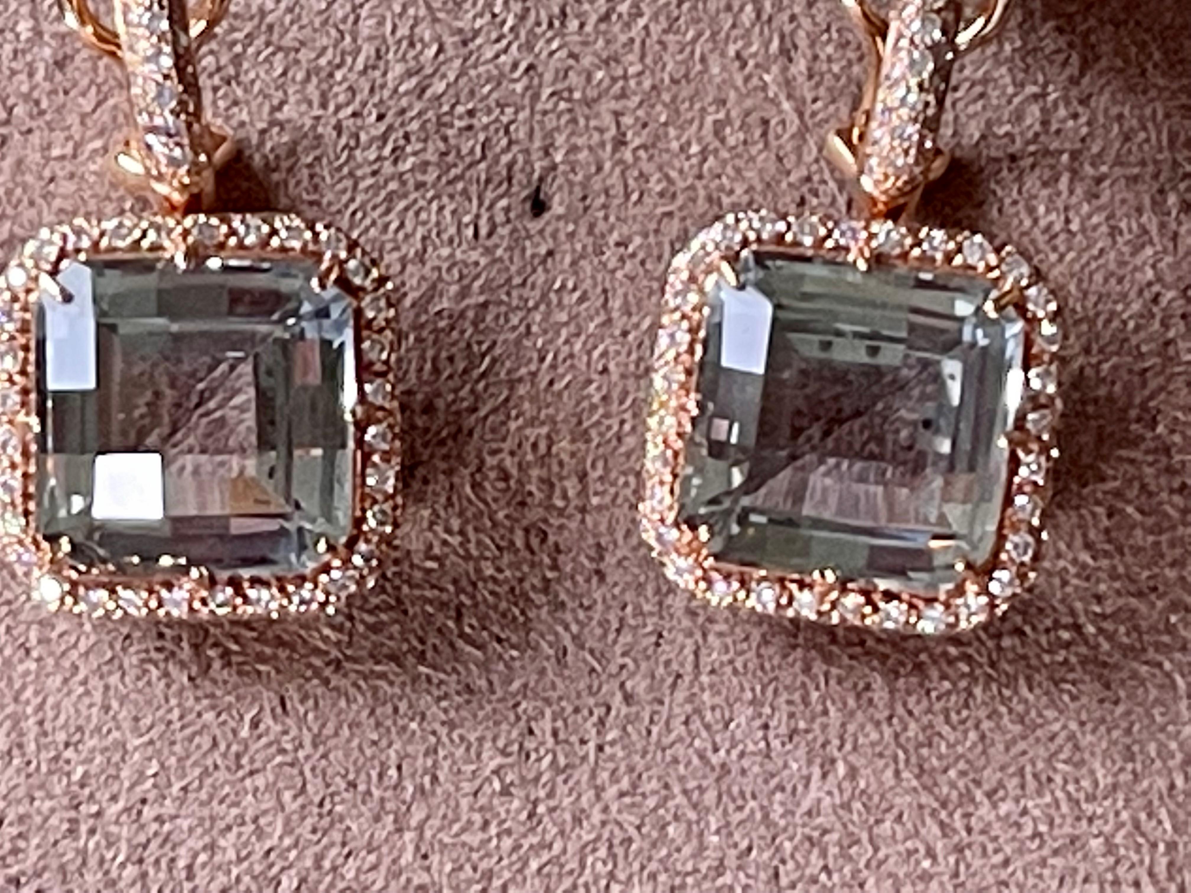 Elegant 18 K Rose Gold Earrings with Diamonds and Green Amethyst For Sale 6